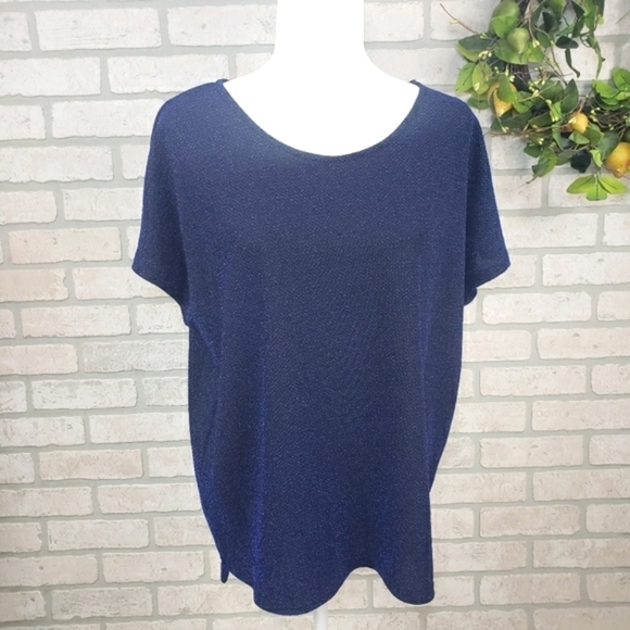 SIMPY STYLED Metallic Short Sleeve Blouse Blue Size L - Picture 4 of 10